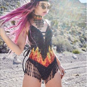 Dolls kill easy tiger sequin fringe flame fire bodysuit